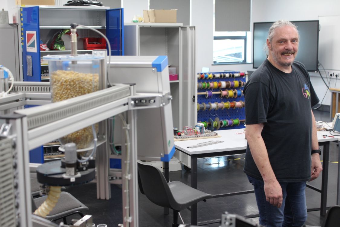 Gerard Gallagher in the mechatronics workshop at SERC Lisburn Campus